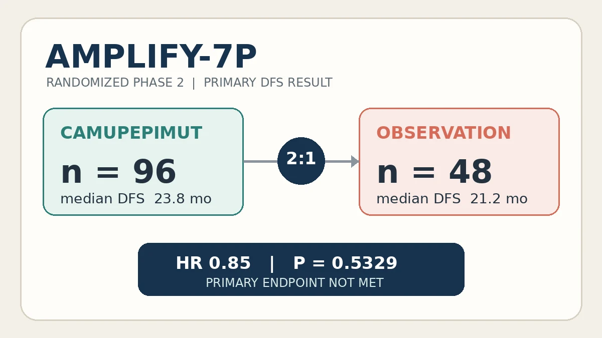 اینفوگرافیک مستقل کارآزمایی AMPLIFY-7P با تخصیص ۹۶ بیمار به کاموپپیموت و ۴۸ بیمار به مشاهده و نتیجه اصلی بقای بدون بیماری ۲۳٫۸ در برابر ۲۱٫۲ ماه با نسبت خطر ۰٫۸۵
